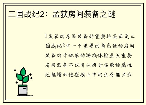 三国战纪2：孟获房间装备之谜